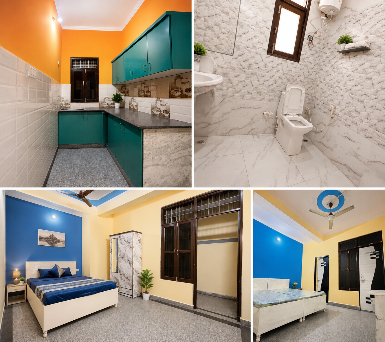 Kitchen, bedroom, bathroom, and interior views of Sector 62 1BHK and 2BHK flats